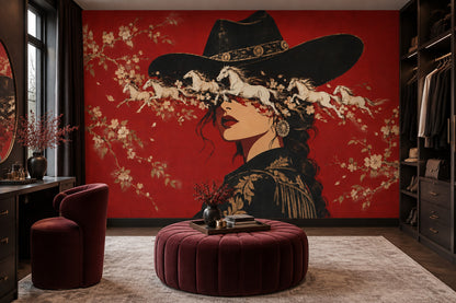 Kovboy Şapkalı Kadın Poster Duvar Kağıdı Kırmızı Salon