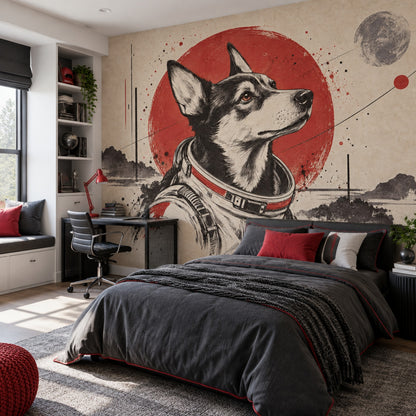 Astronot Köpek Poster Duvar Kağıdı Kırmızı Siyah Salon