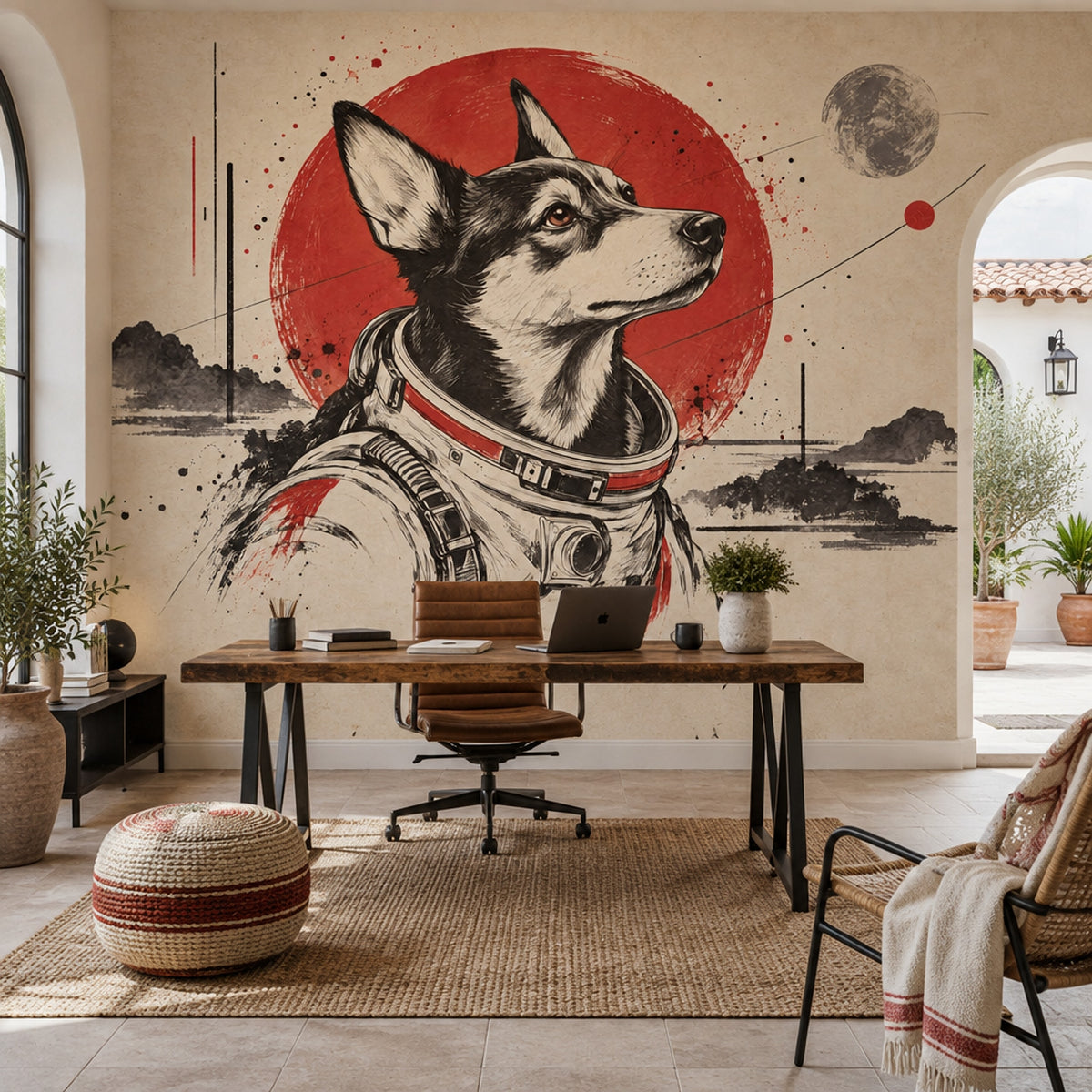 Astronot Köpek Poster Duvar Kağıdı Kırmızı Siyah Salon