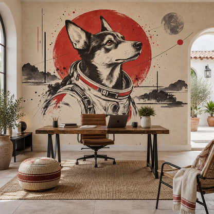 Astronot Köpek Poster Duvar Kağıdı Kırmızı Siyah Salon