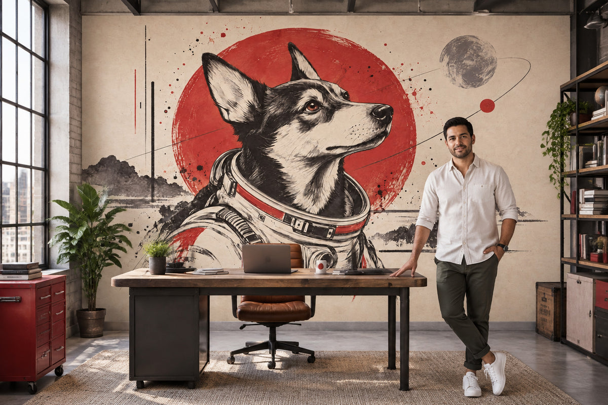Astronot Köpek Poster Duvar Kağıdı Kırmızı Siyah Salon