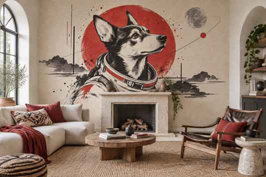 Astronot Köpek Poster Duvar Kağıdı Kırmızı Siyah Salon