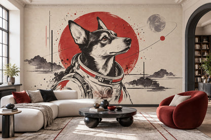 Astronot Köpek Poster Duvar Kağıdı Kırmızı Siyah Salon