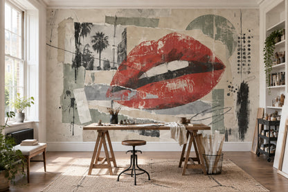 Kırmızı Dudak Kolaj Poster Duvar Kağıdı Modern Salon