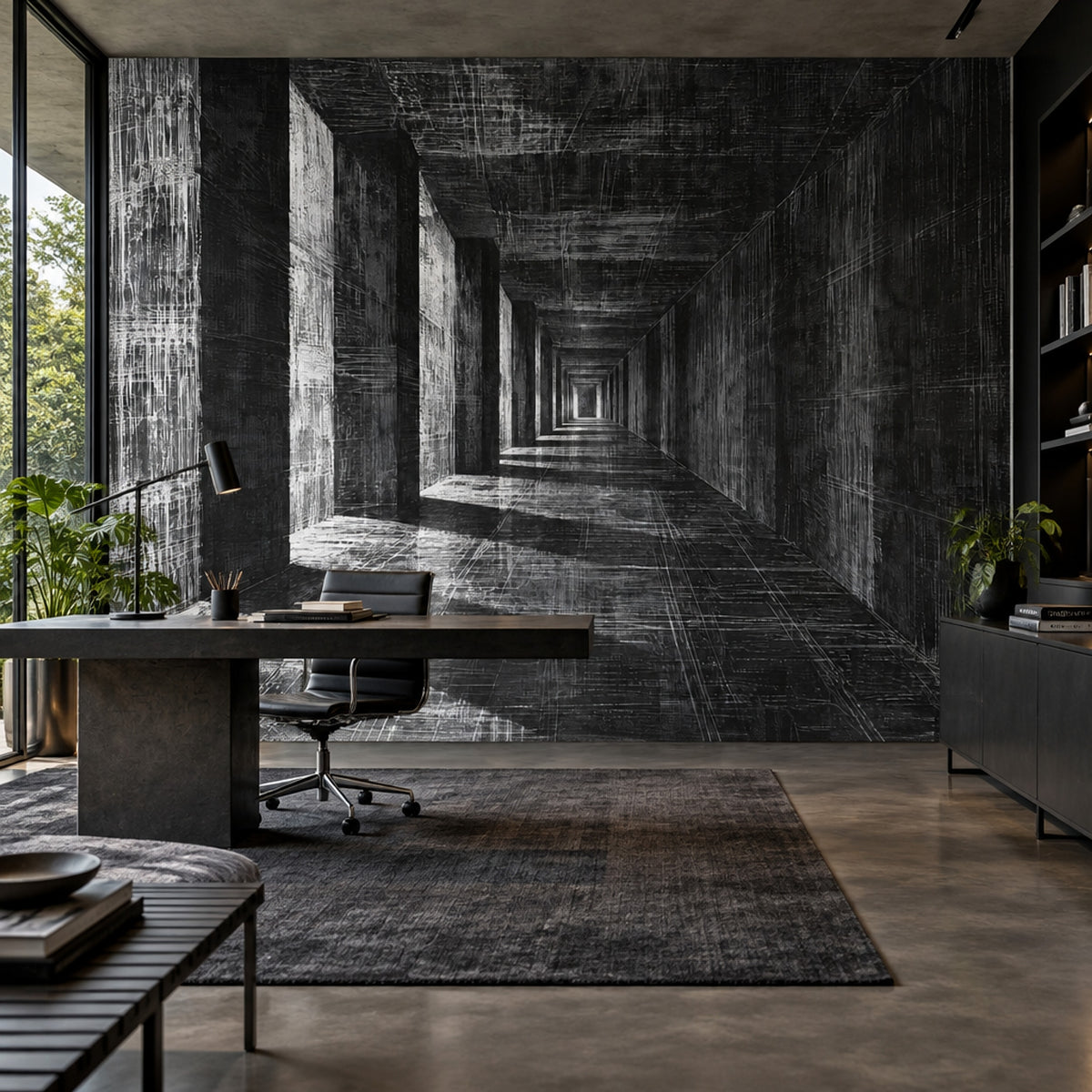 3D Koridor Perspektif Poster Duvar Kağıdı Siyah Gri Salon