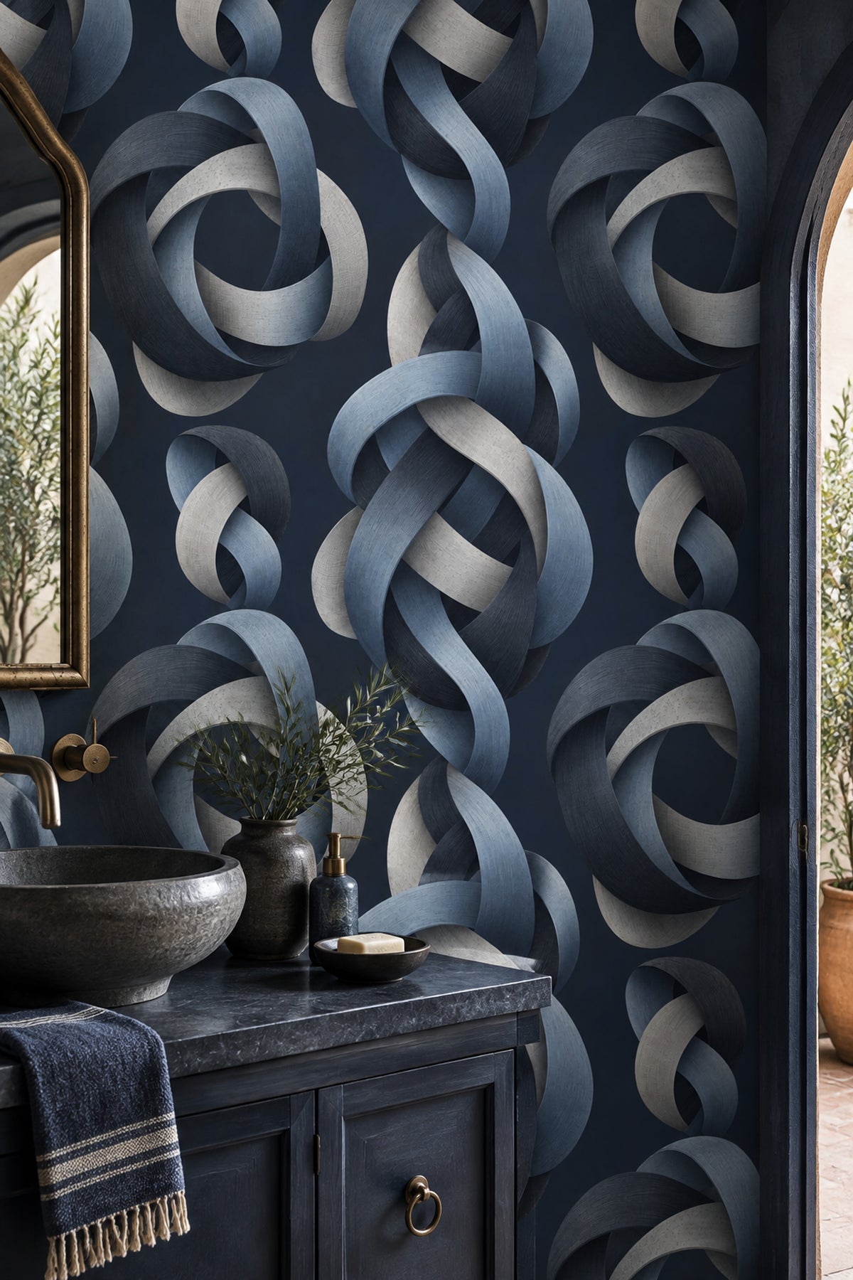 Halka Geometrik Duvar Kağıdı Lacivert Gri Modern Salon