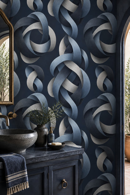 Halka Geometrik Duvar Kağıdı Lacivert Gri Modern Salon
