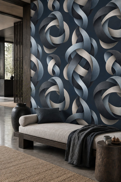 Halka Geometrik Duvar Kağıdı Lacivert Gri Modern Salon