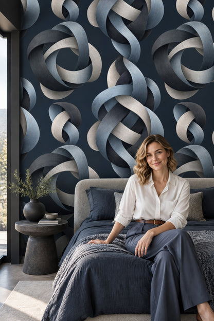 Halka Geometrik Duvar Kağıdı Lacivert Gri Modern Salon