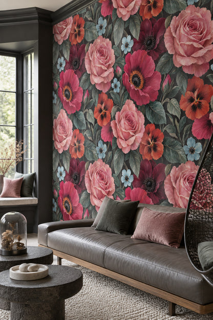 Gül ve Gelincik Desenli Duvar Kağıdı Bordo Salon