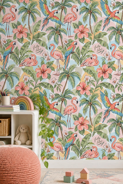 Tropikal Flamingo ve Papağan Duvar Kağıdı Yeşil Yapraklı