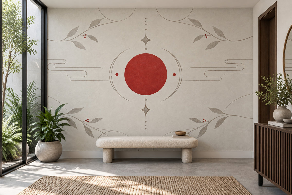Japon Minimal Poster Duvar Kağıdı Kırmızı Güneş Bej Desen