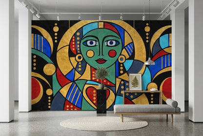 Geometrik Portre Poster Duvar Kağıdı Altın Siyah Yatak Odası