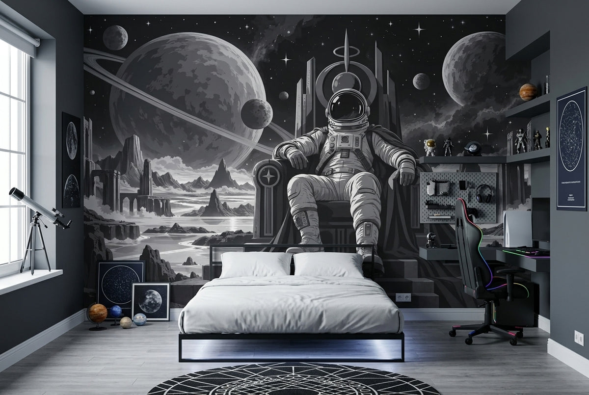 Astronot ve Gezegenli Poster Duvar Kağıdı Siyah Uzay Genç Odası