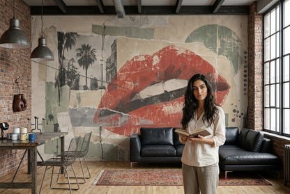 Kırmızı Dudak Kolaj Poster Duvar Kağıdı Modern Salon