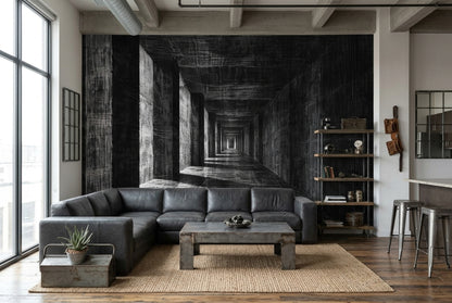3D Koridor Perspektif Poster Duvar Kağıdı Siyah Gri Salon