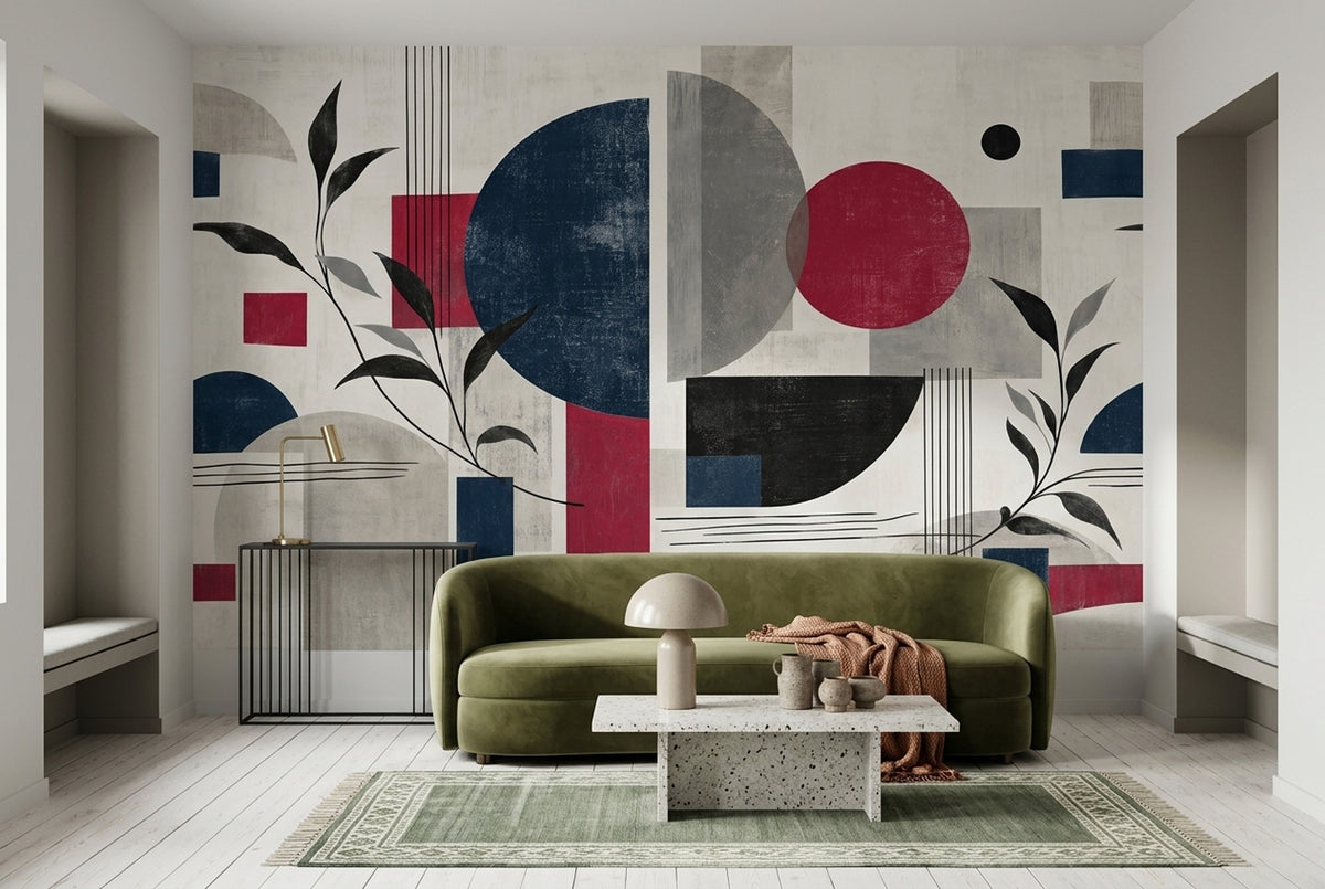 Soyut Geometrik Poster Duvar Kağıdı Lacivert Kırmızı Salon Dekoru