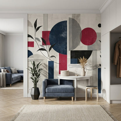 Soyut Geometrik Poster Duvar Kağıdı Lacivert Kırmızı Salon Dekoru