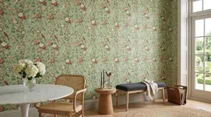 Kuş ve Çiçek Desenli Duvar Kağıdı Yeşil Vintage Salon
