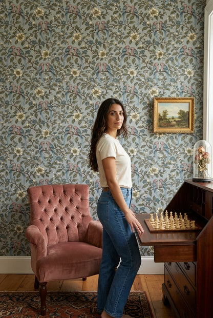 Kuş ve Çiçek Desenli Duvar Kağıdı Mavi Salon