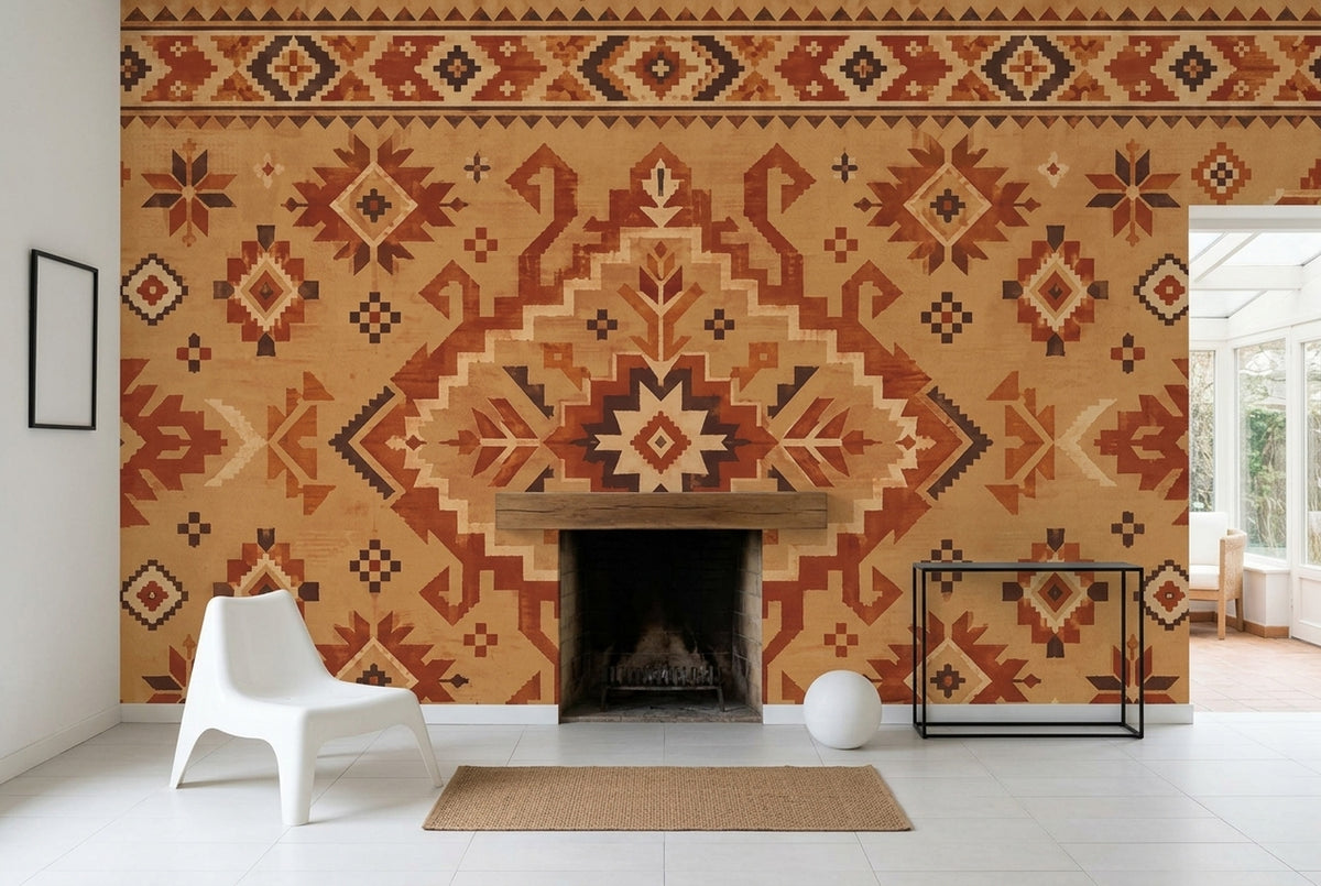 Anadolu Kilim Desenli Poster Duvar Kağıdı Kiremit Salon Duvarı