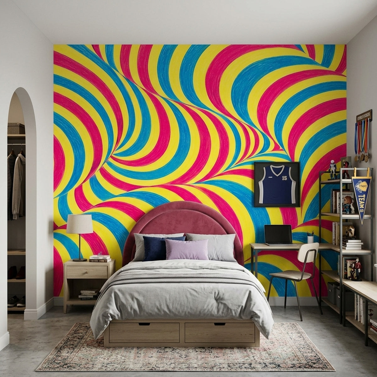 Renkli Spiral Desenli Poster Duvar Kağıdı Sarı Mavi Salon