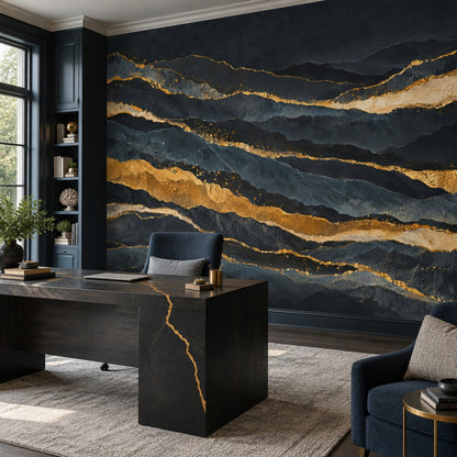 Altın Çizgili Soyut Poster Duvar Kağıdı Lacivert Modern Salon
