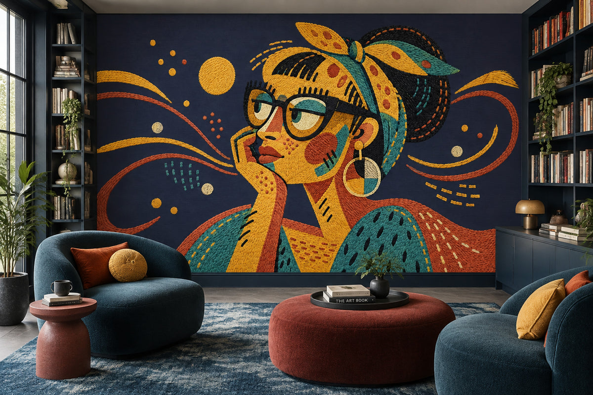 Renkli Kadın Portre Poster Duvar Kağıdı Lacivert Modern Yatak Odası