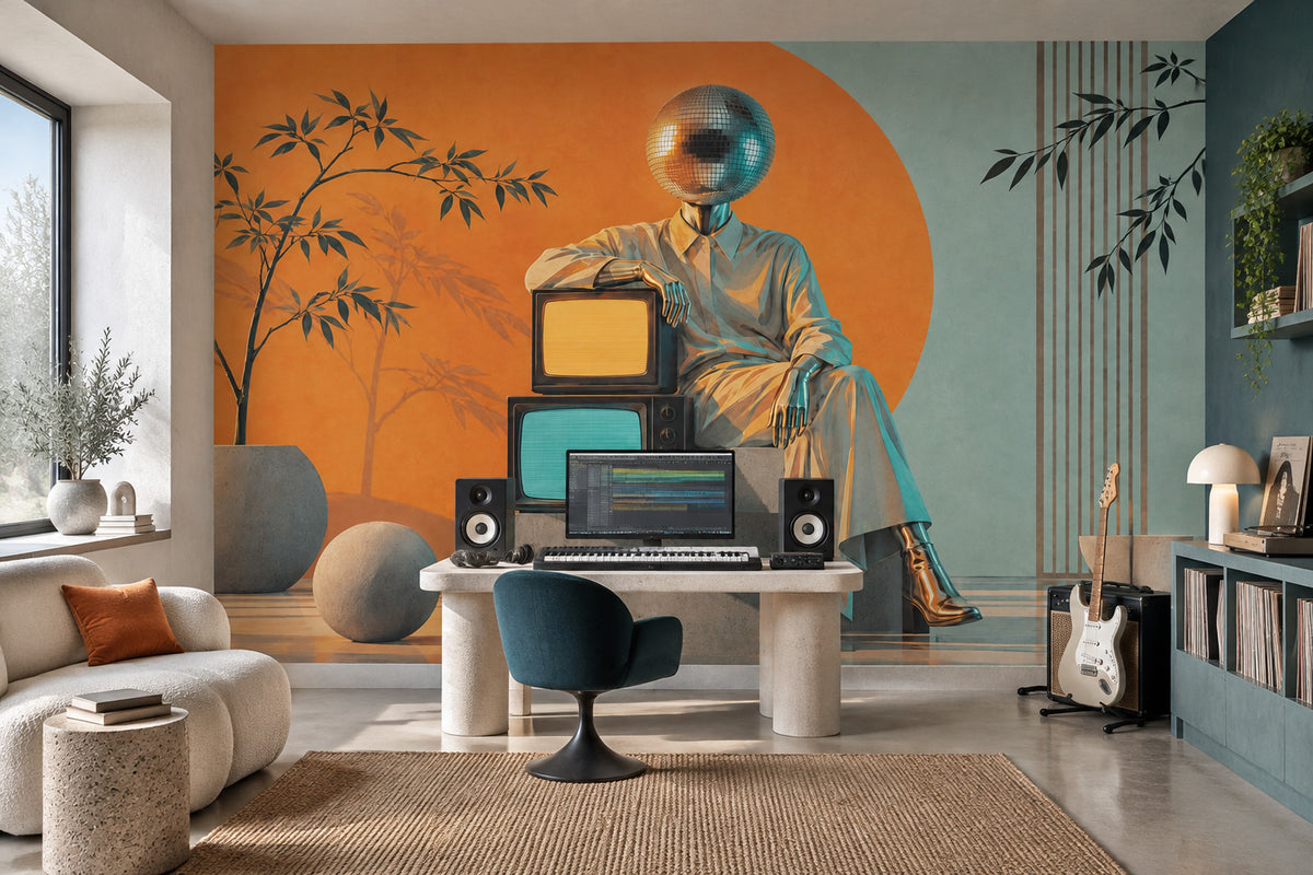 Retro Televizyonlu Figür Poster Duvar Kağıdı Turuncu Salon