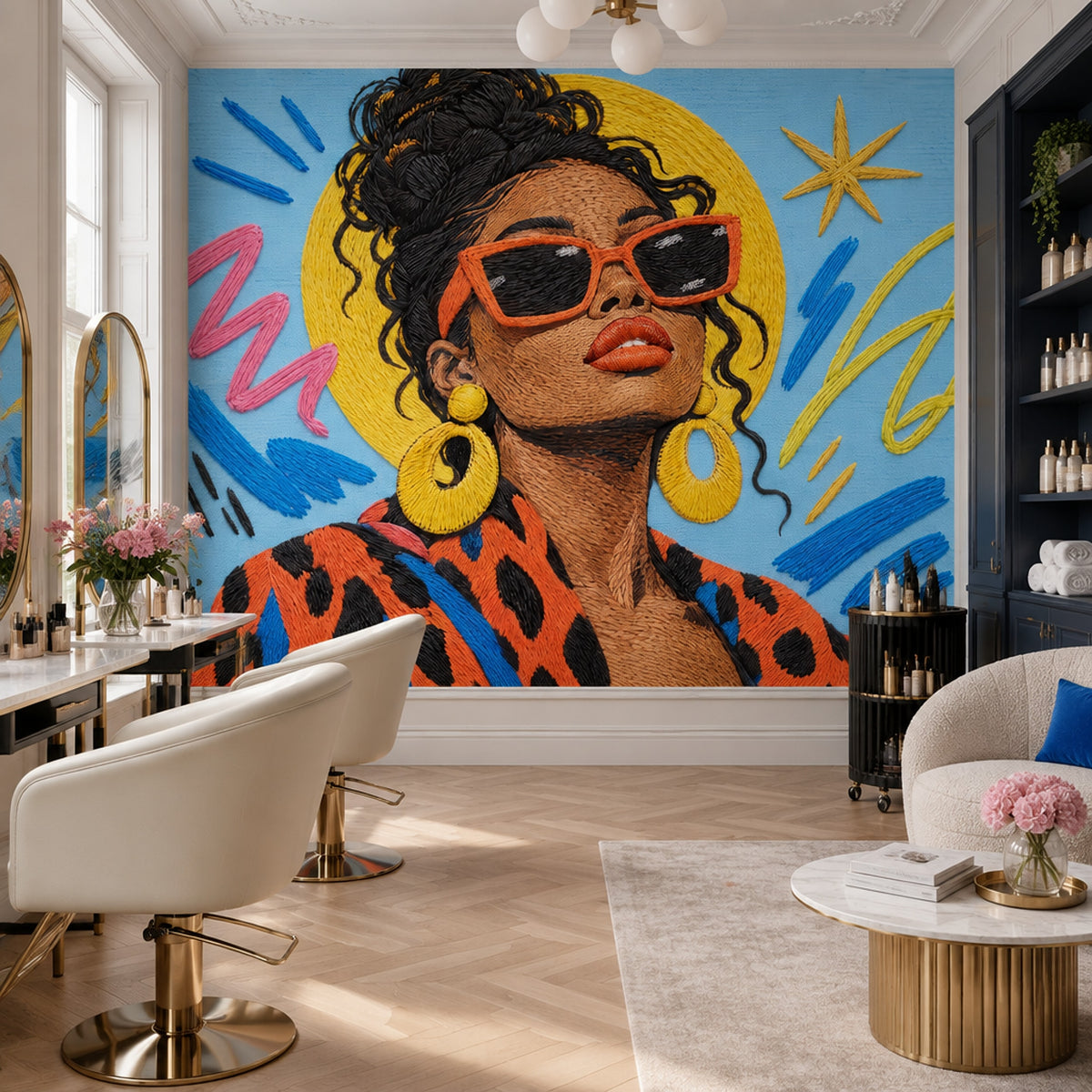 Renkli Pop Art Kadın Portresi Poster Duvar Kağıdı Mavi Fon