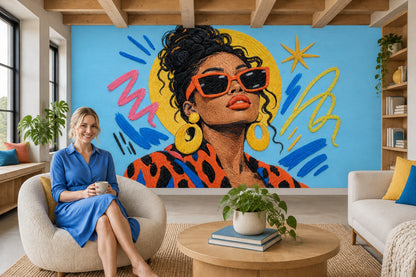 Renkli Pop Art Kadın Portresi Poster Duvar Kağıdı Mavi Fon