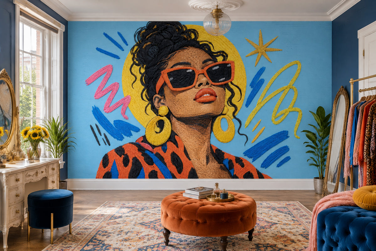 Renkli Pop Art Kadın Portresi Poster Duvar Kağıdı Mavi Fon