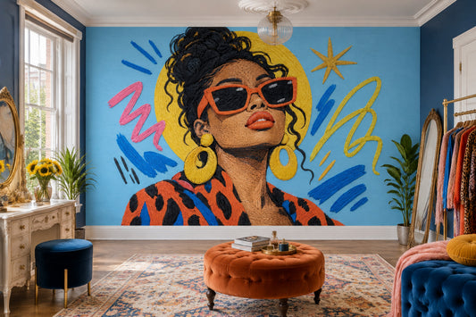 Renkli Pop Art Kadın Portresi Poster Duvar Kağıdı Mavi Fon