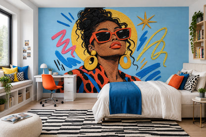 Renkli Pop Art Kadın Portresi Poster Duvar Kağıdı Mavi Fon
