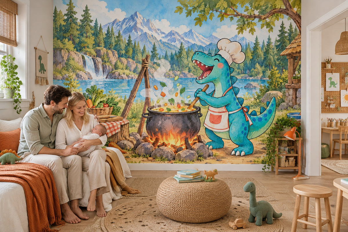 Aşçı Dinozor Poster Duvar Kağıdı Mavi Çocuk Odası