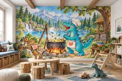 Aşçı Dinozor Poster Duvar Kağıdı Mavi Çocuk Odası