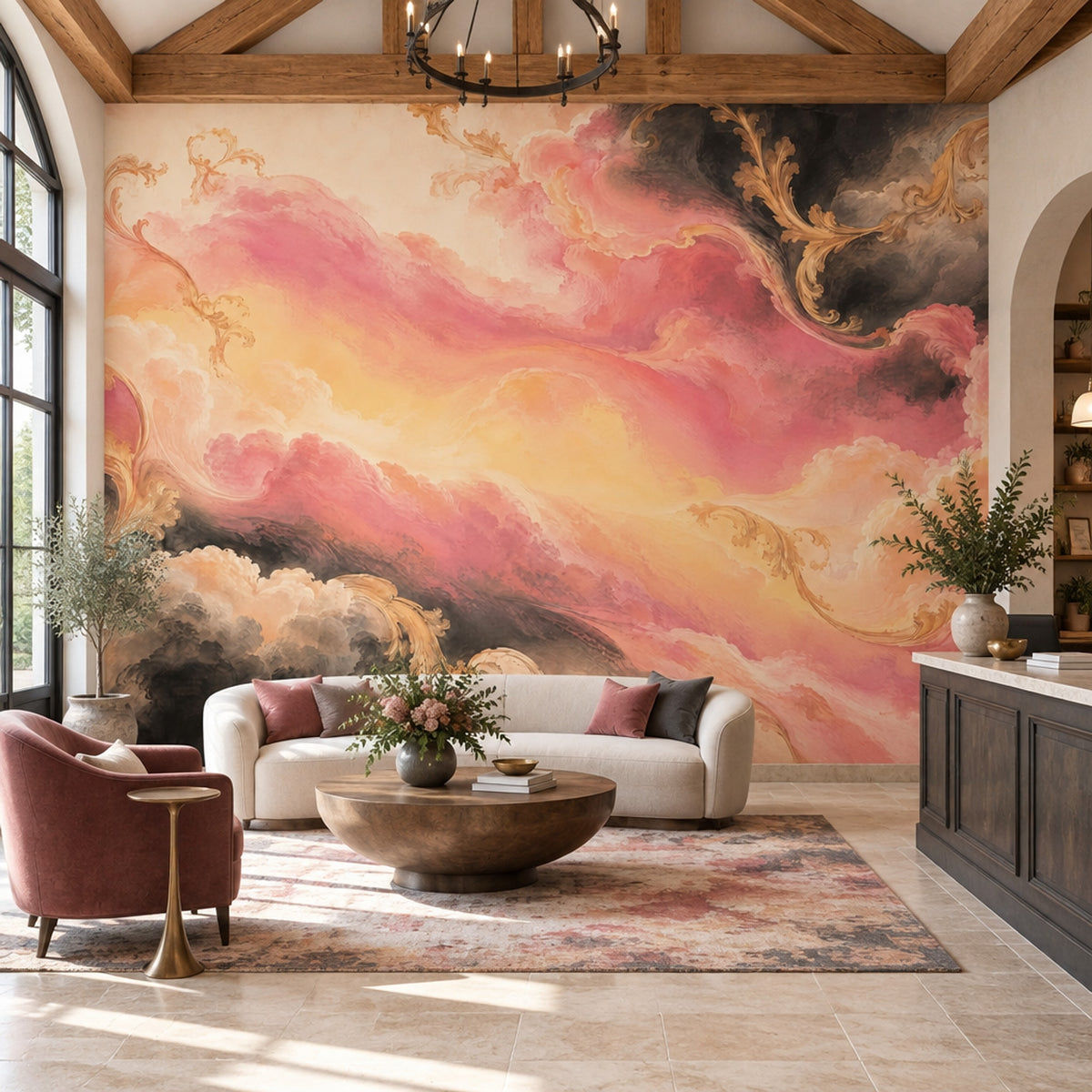 Barok Bulutlu Poster Duvar Kağıdı Pembe Altın Salon