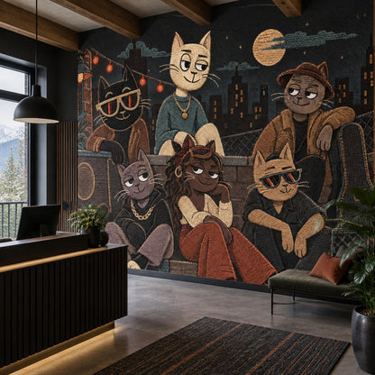Şehir Manzaralı Karikatür Kedili Poster Duvar Kağıdı Genç Odası
