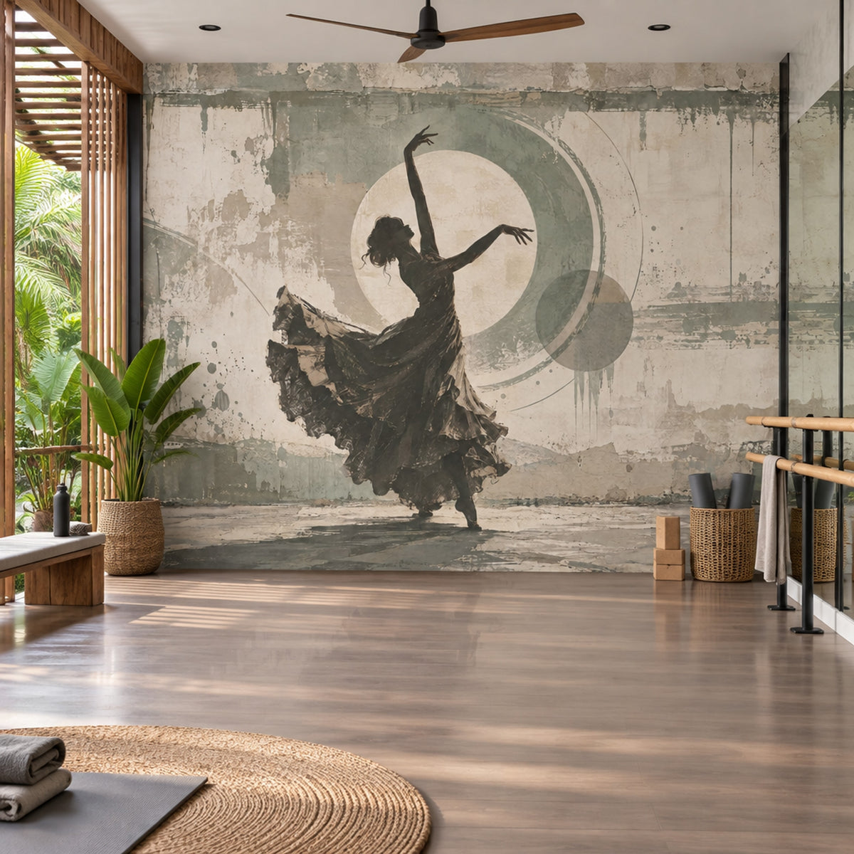 Dans Eden Silüet Poster Duvar Kağıdı Bej Yeşil Salon