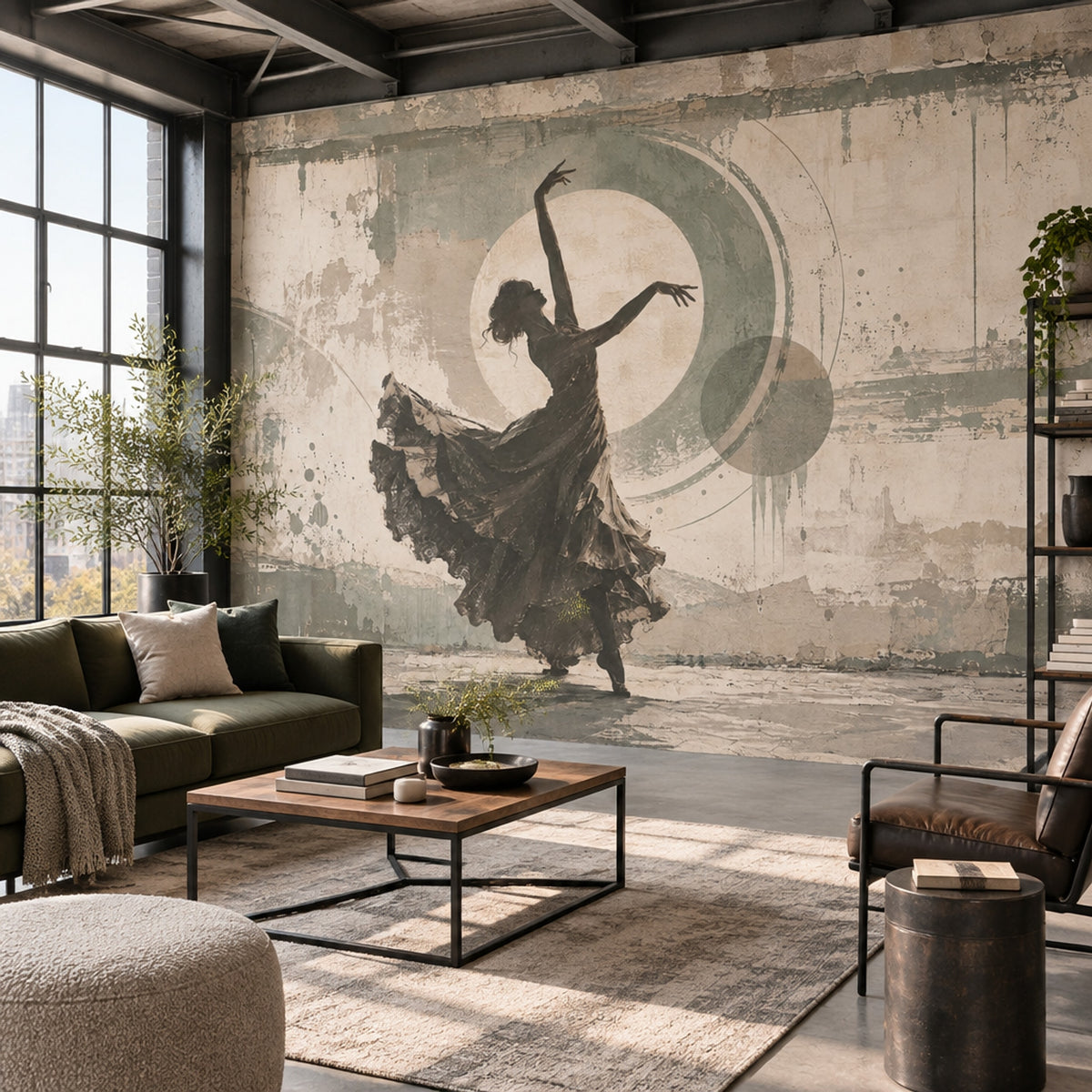 Dans Eden Silüet Poster Duvar Kağıdı Bej Yeşil Salon
