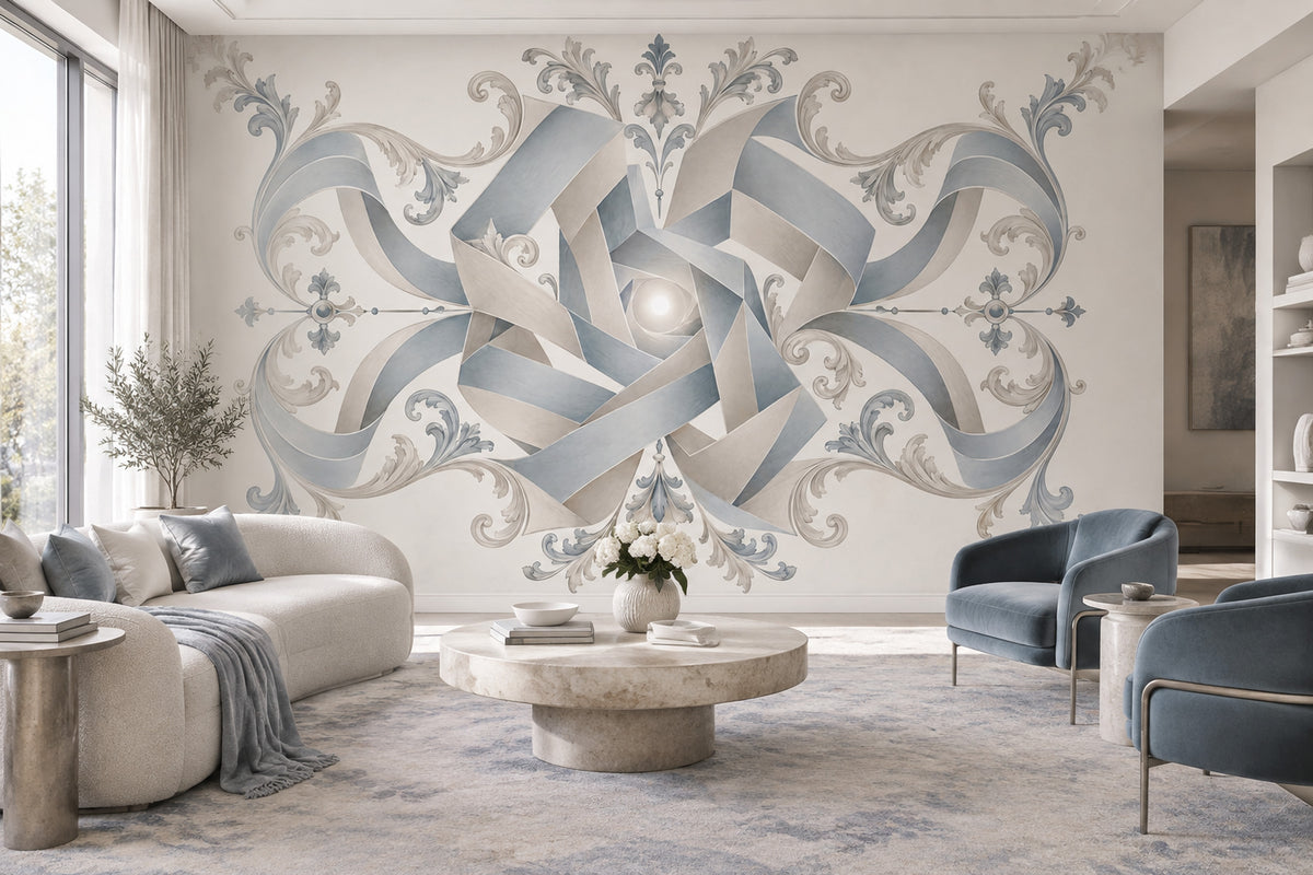 Geometrik Kurdele Desenli Poster Duvar Kağıdı Bej Mavi Salon