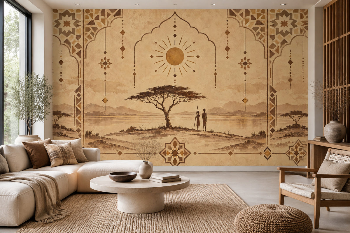 Etnik Afrika Manzaralı Poster Duvar Kağıdı Bej Salon Dekoru
