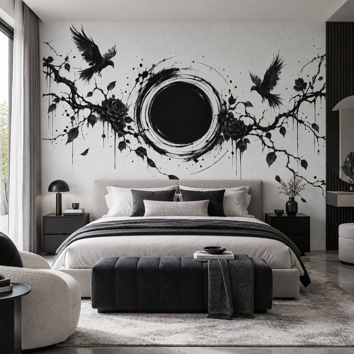 Siyah Kuş ve Gül Poster Duvar Kağıdı Monokrom Salon