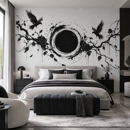 Siyah Kuş ve Gül Poster Duvar Kağıdı Monokrom Salon