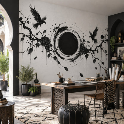 Siyah Kuş ve Gül Poster Duvar Kağıdı Monokrom Salon