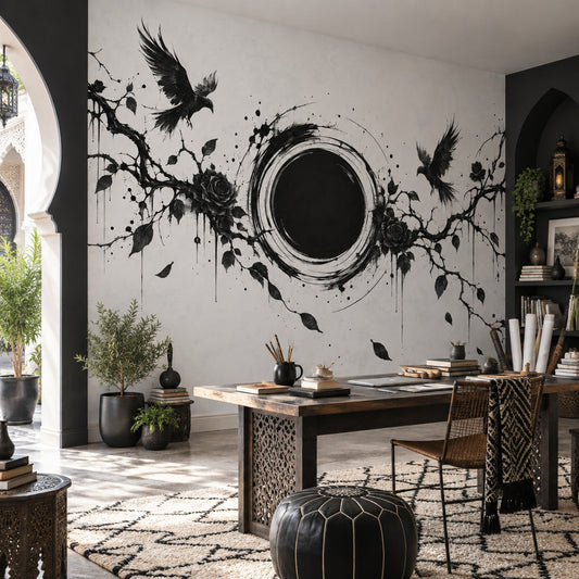 Siyah Kuş ve Gül Poster Duvar Kağıdı Monokrom Salon