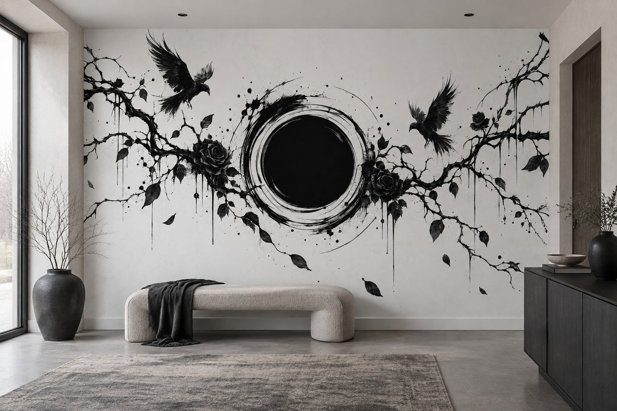 Siyah Kuş ve Gül Poster Duvar Kağıdı Monokrom Salon