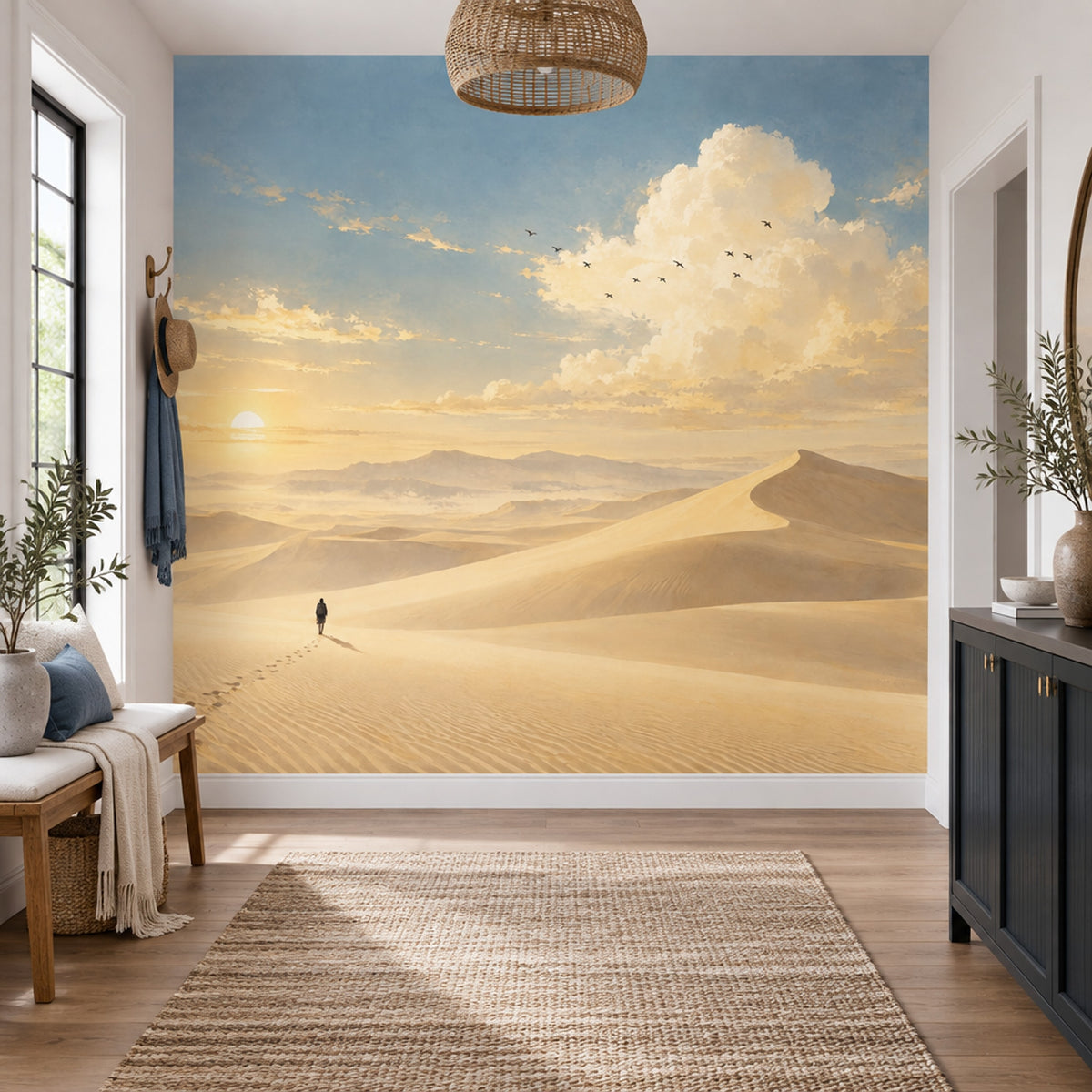Çöl Gün Batımı Manzaralı Poster Duvar Kağıdı Bej Salon