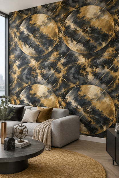 Altın Gezegen Desenli Duvar Kağıdı Siyah Modern Salon