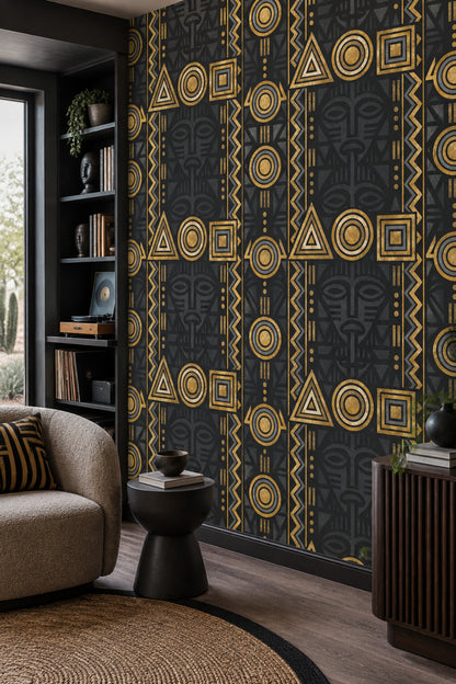 Geometrik Afrika Masklı Duvar Kağıdı Siyah Altın Salon